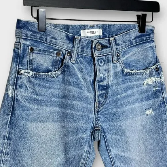 MOUSSY VINTAGE Lewton Rigid Denim button fly distressed tapered jeans size 25 - Picture 5 of 9